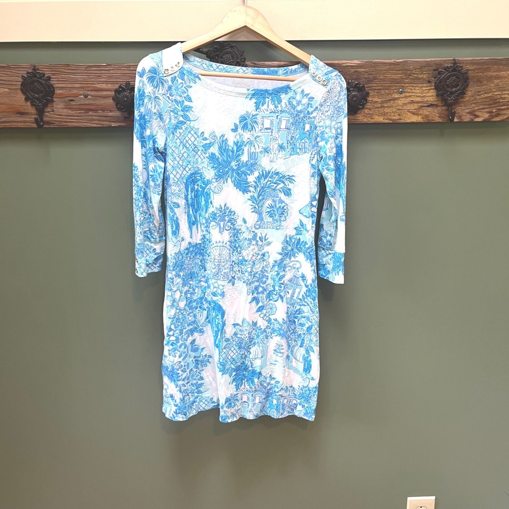 Lilly Pulitzer Sophie Dress Blue White Tropical Floral Boatneck Gold Button S